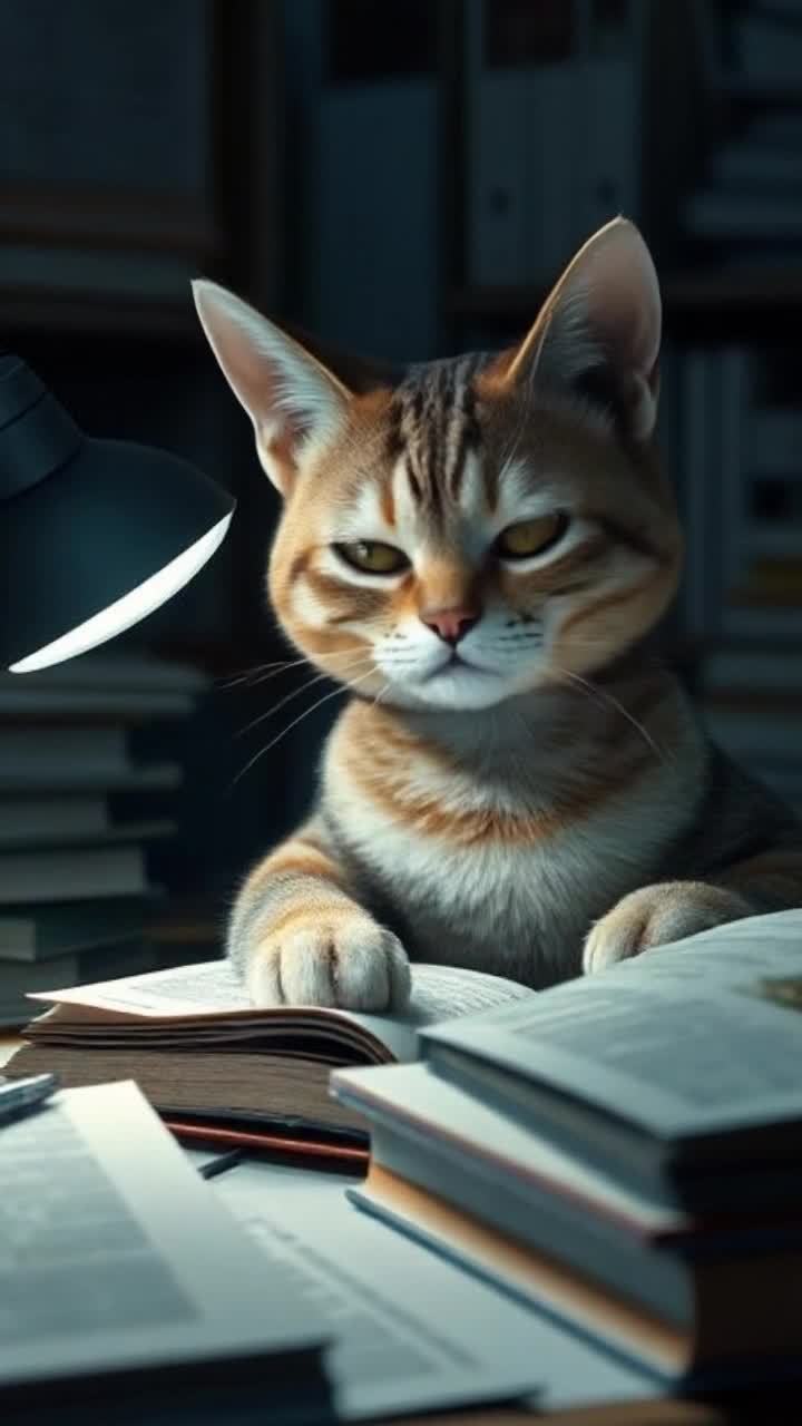 一只橘白色相间的猫，专注地坐在堆叠整齐的书本后面。