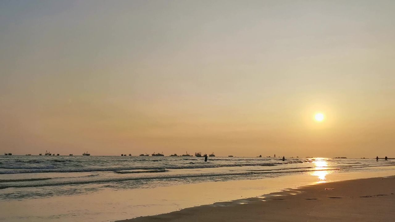 海岸，落日，浪花