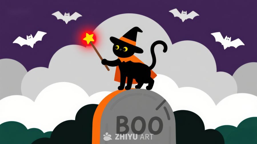万圣夜黑猫巫师手持魔法棒