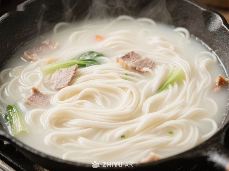 热气腾腾的面条配肉片和青菜 585