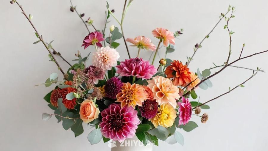 白色花瓶里插着一束花，花朵颜色各异，包括粉色、橙色