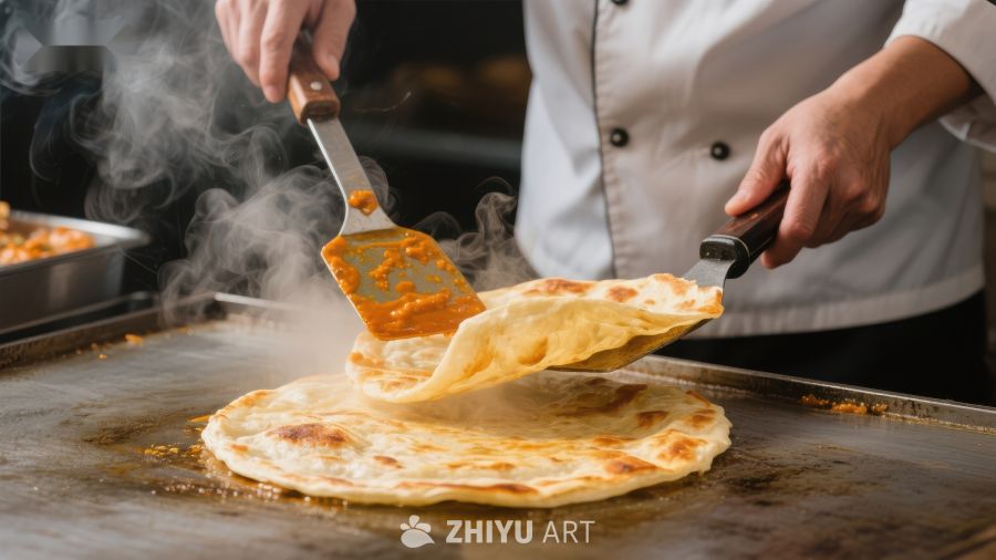 厨师翻煎薄饼，热气腾腾