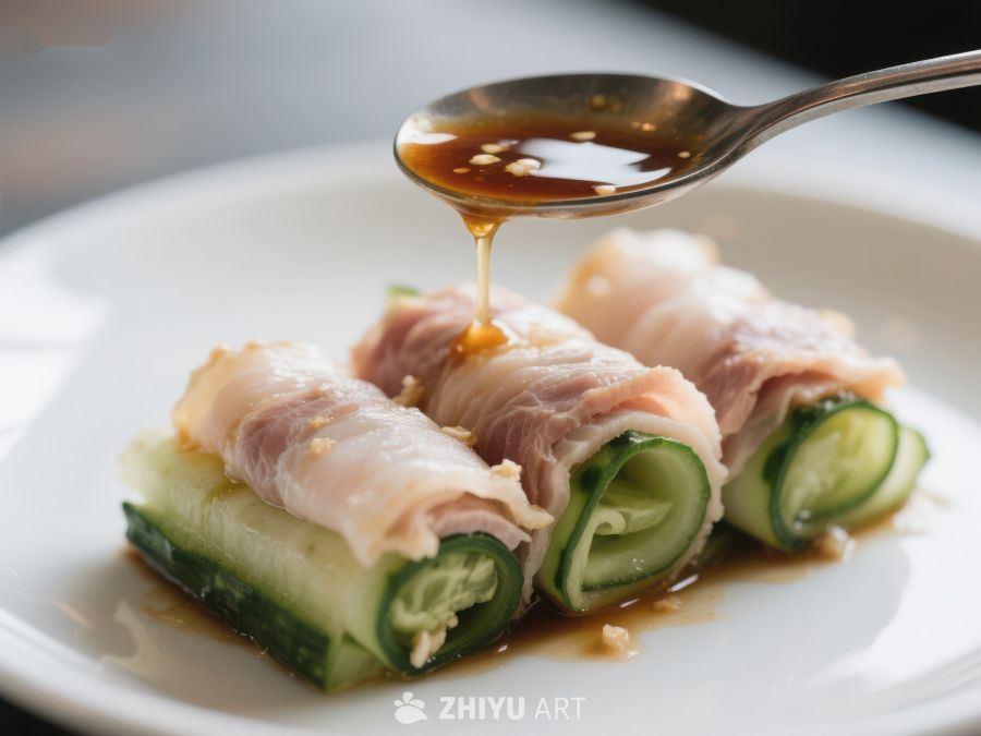 酱汁淋在黄瓜肉卷上 391