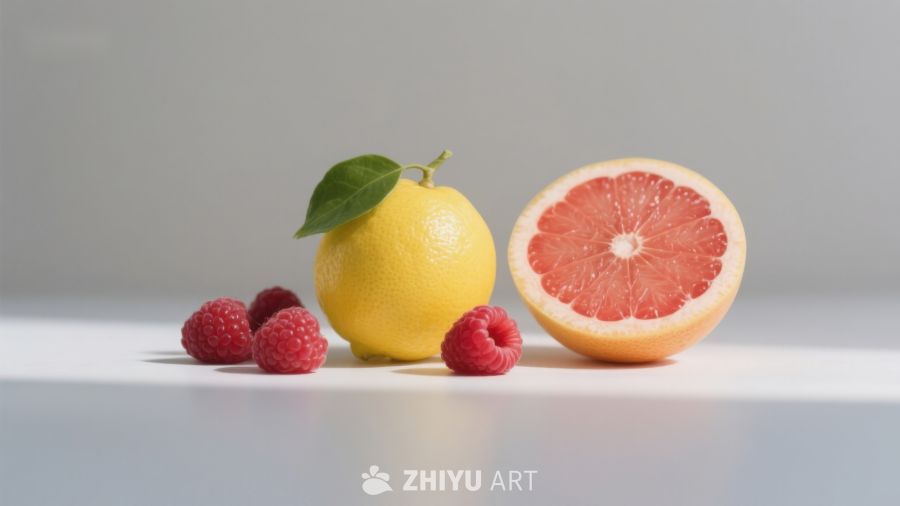 柠檬、葡萄柚与覆盆子的静物组合