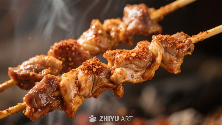 香辣烤肉串，热气腾腾