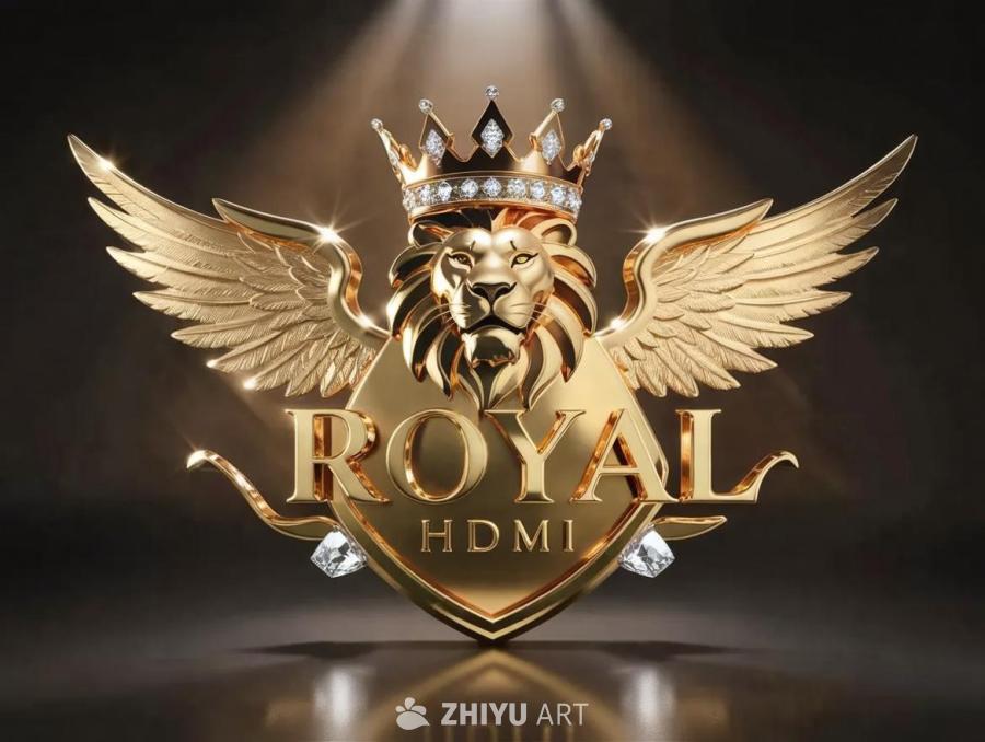 一个3D渲染的豪华金色“ROYAL”标志设计，标志