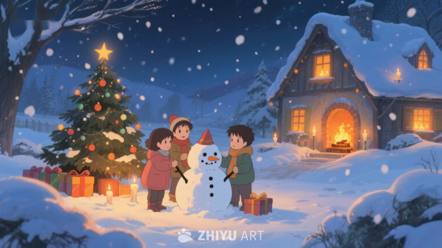 冬夜雪景中孩子们堆雪人 124