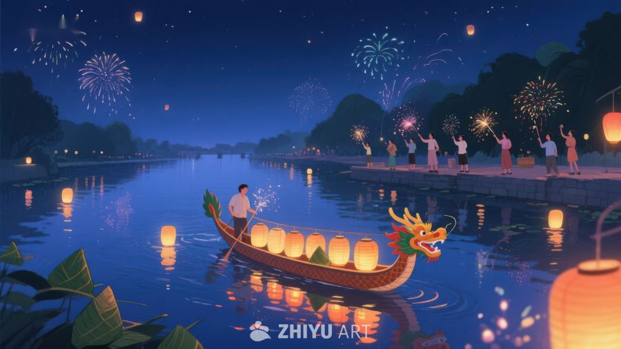 夜景龙舟游河，烟花绽放庆佳节 417