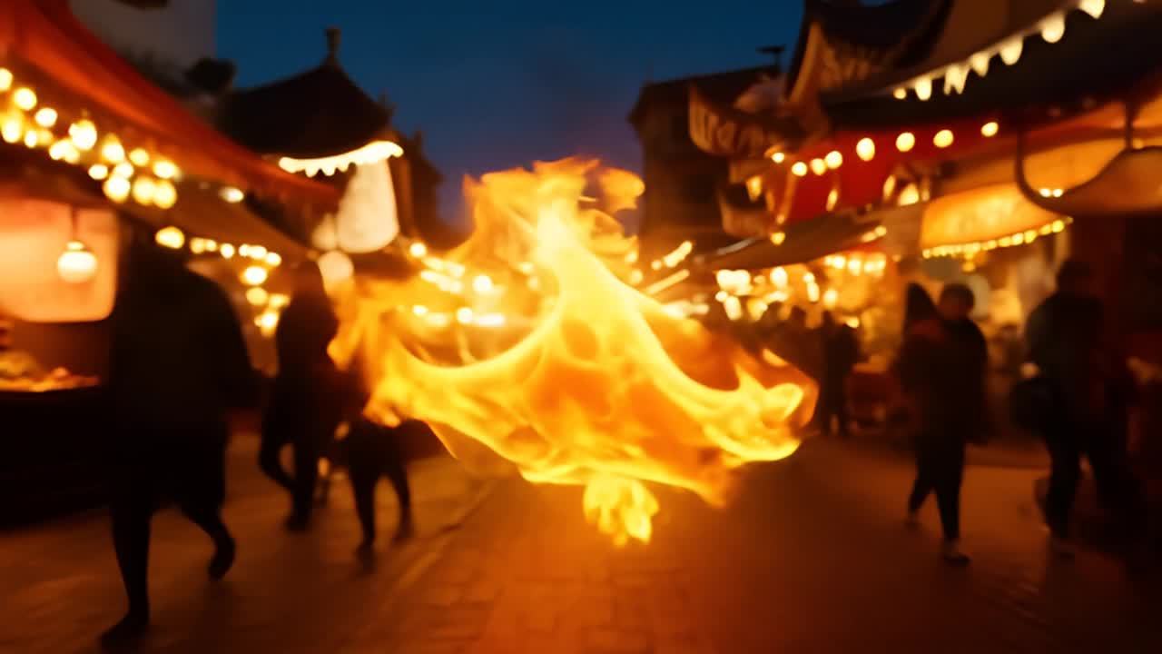 一个活火焰飘过夜晚繁华的幻想市场，火焰呈现不规则形