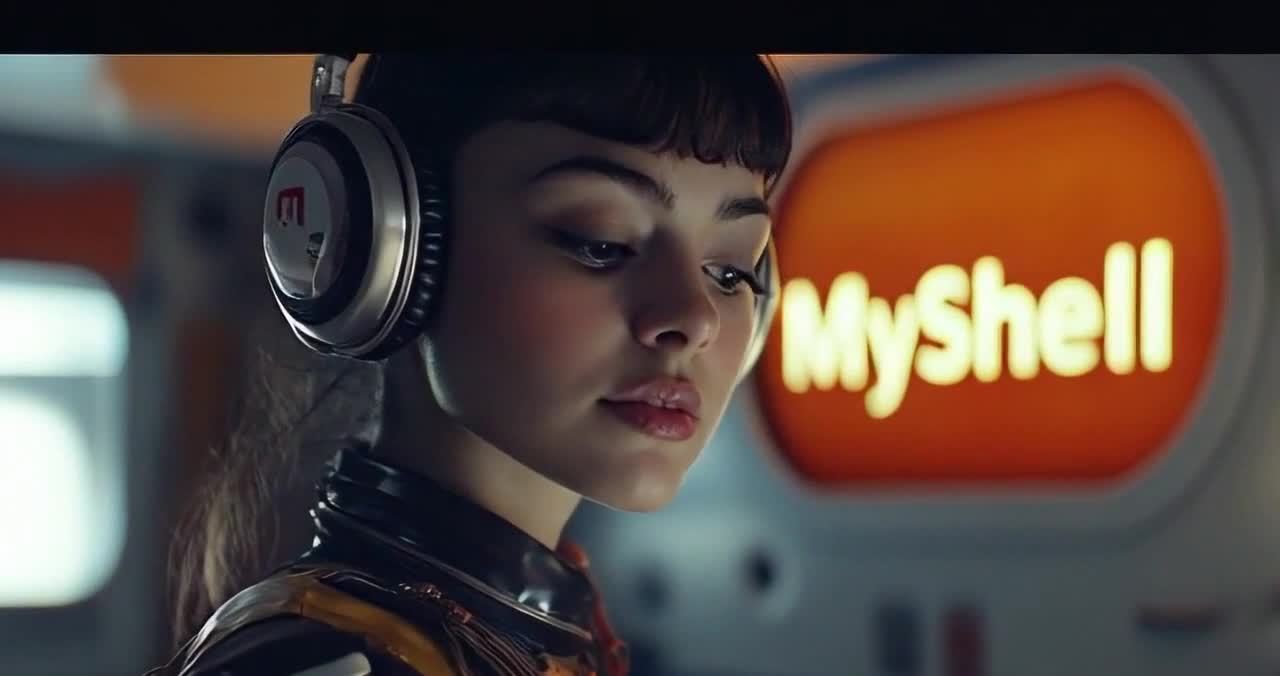 MyShell女性戴耳机凝视，背景发光橙色标志。