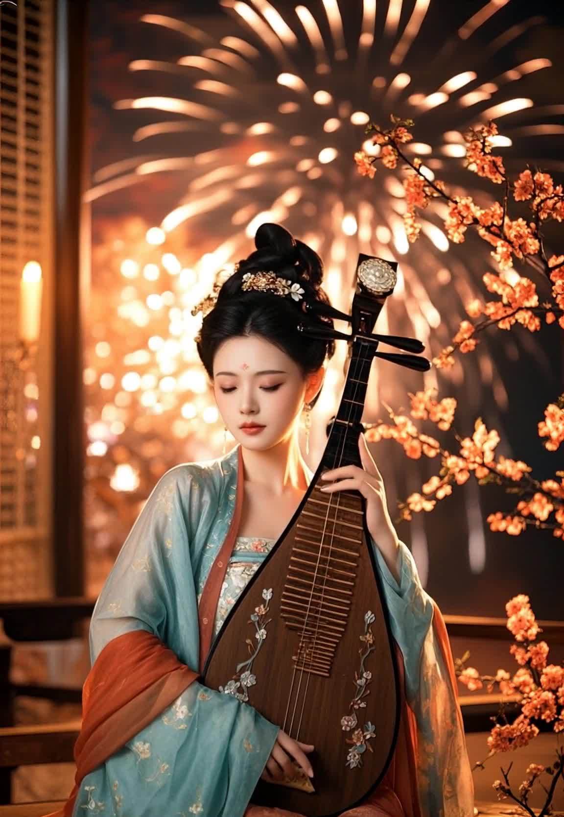 古典美人怀抱琵琶，夜色花火映衬唯美意境