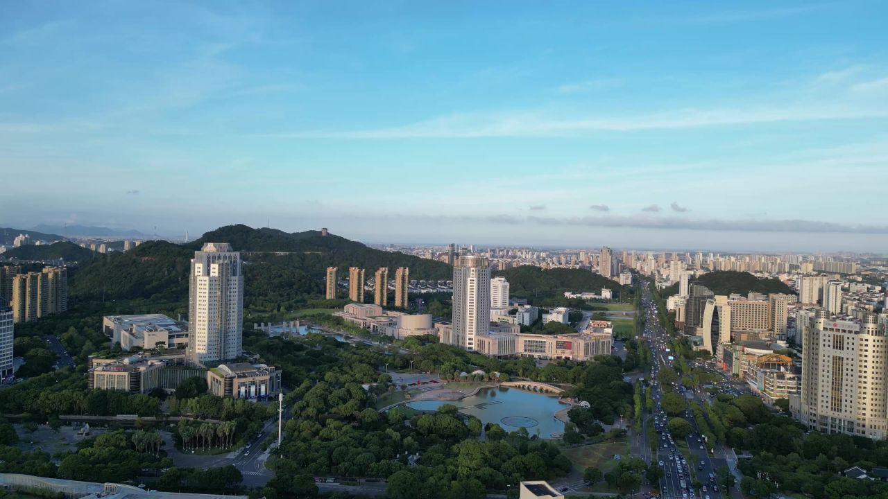  航拍台州市民广场水景公园