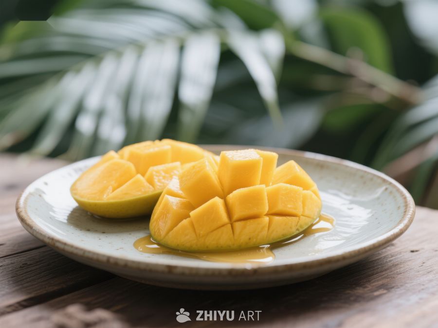 新鲜芒果切块，置于绿叶背景前 724