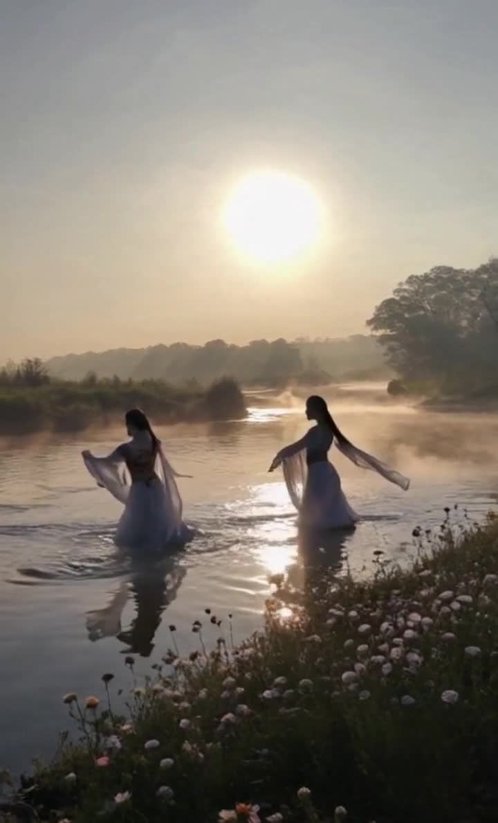 晨曦河畔，古装女子水中翩翩起舞，美若仙境