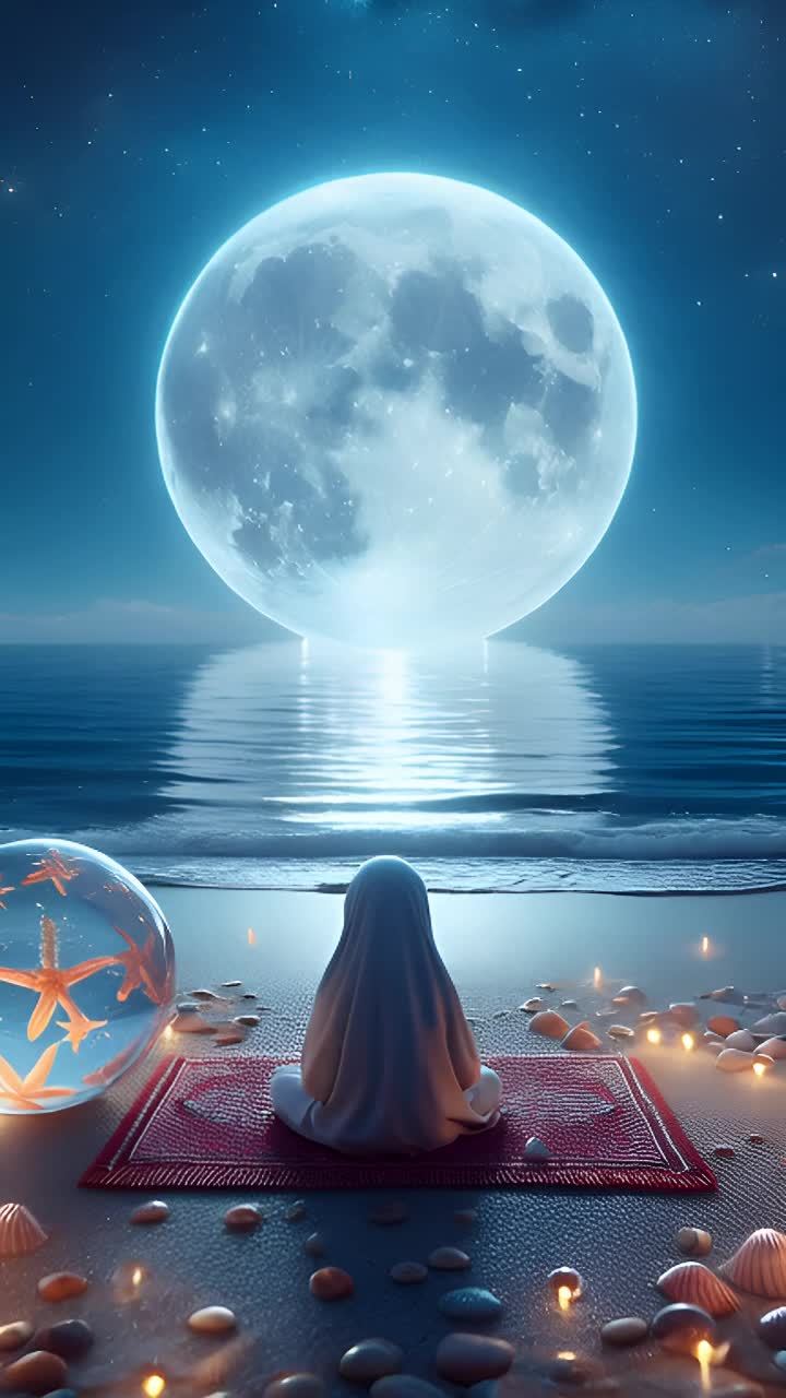 海滩上，一个人坐在红色的矩形地毯上，周围散落着贝壳