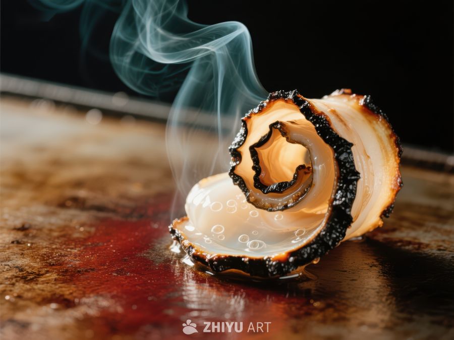 烟熏鱿鱼卷在烤盘上