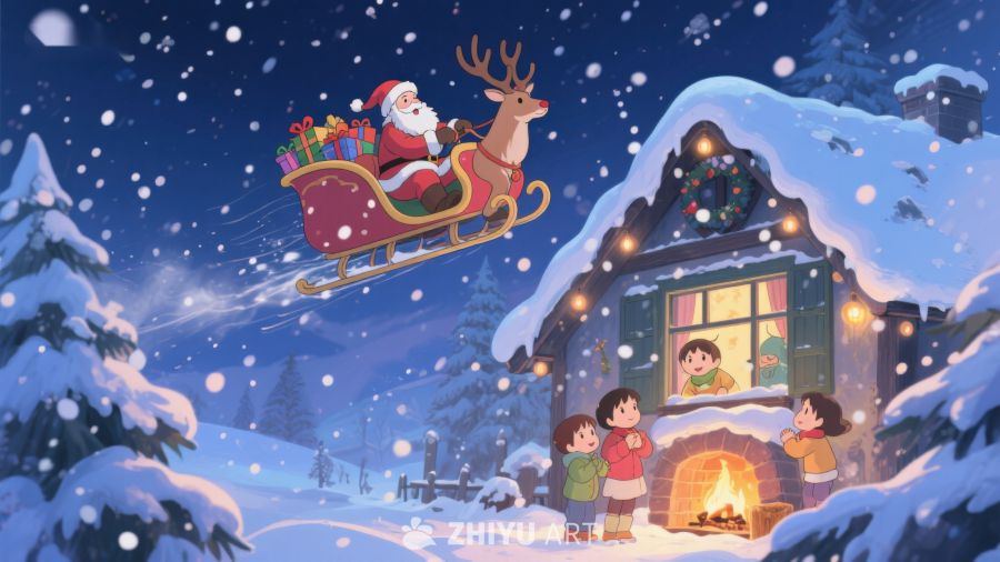 圣诞夜雪景：孩子们望向窗外的圣诞老人 246