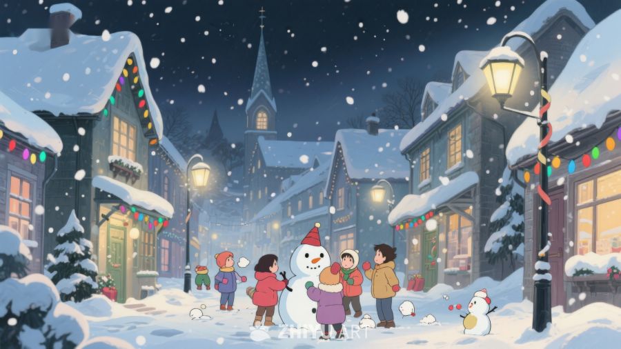 冬夜小镇，雪人与孩子们的欢乐时光 72