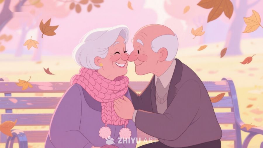 秋日公园中的温馨老年情侣 285