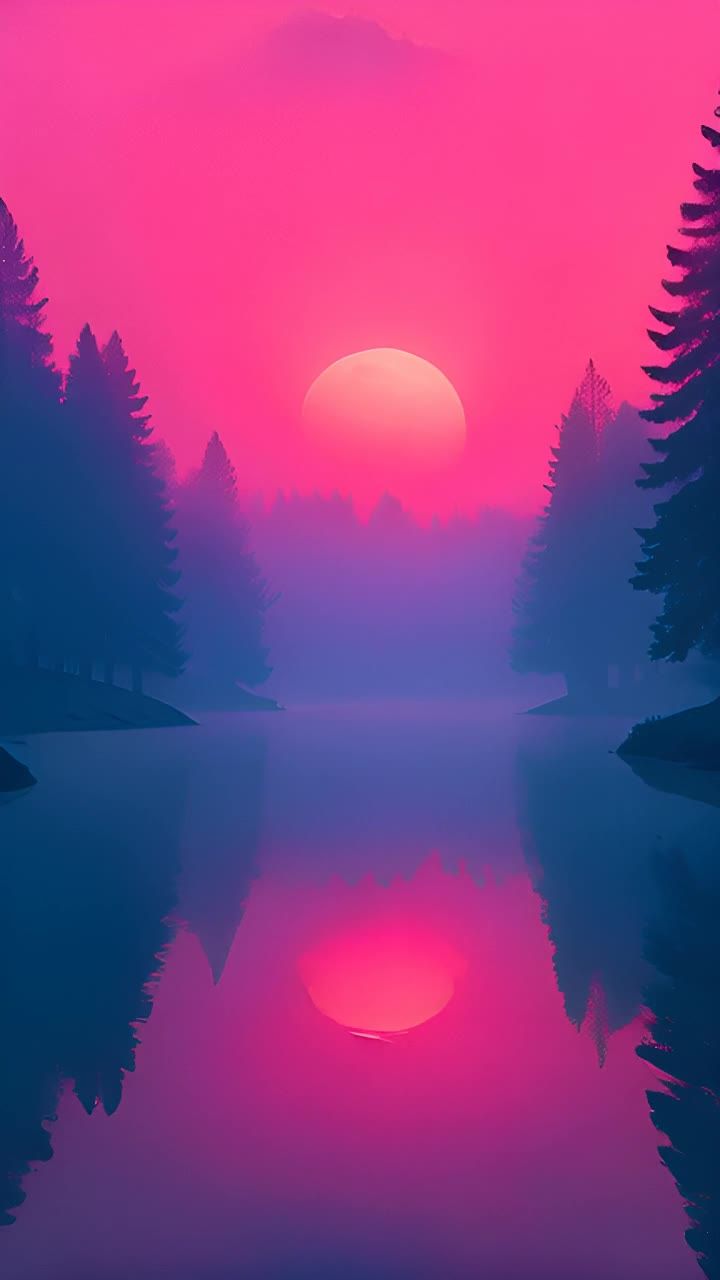 一个粉色的太阳悬挂在天空中，其倒影出现在平静的湖面