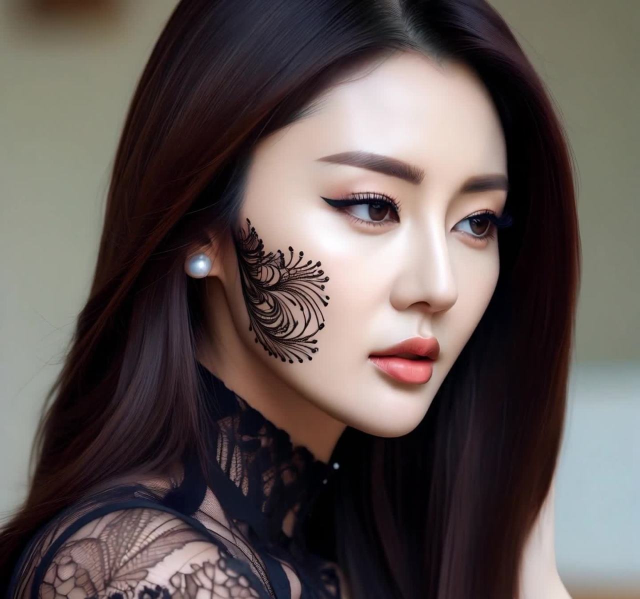 一位长发披肩的女性，侧身面向左侧，眼神看向远方。她