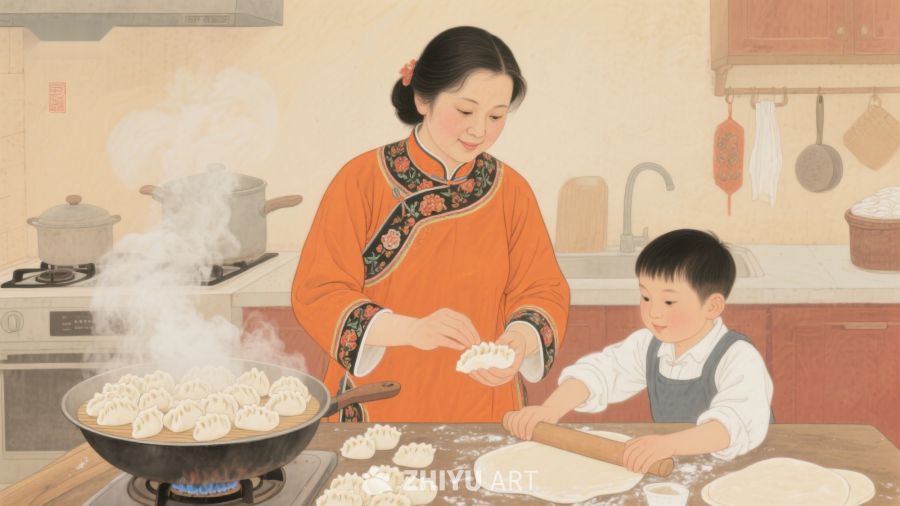 温馨厨房，母子共制饺子 888