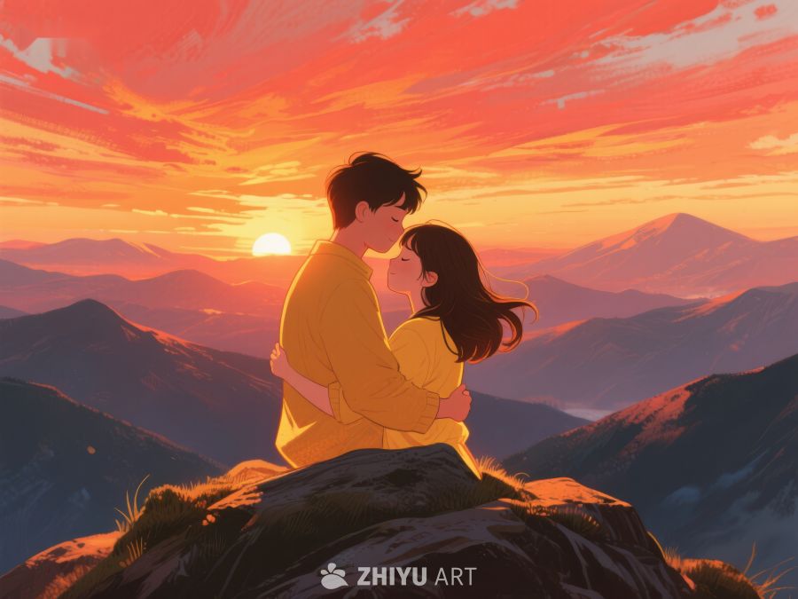 山顶情侣夕阳拥吻 639