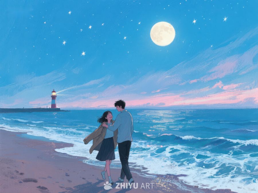 月夜海滩情侣漫步 1237