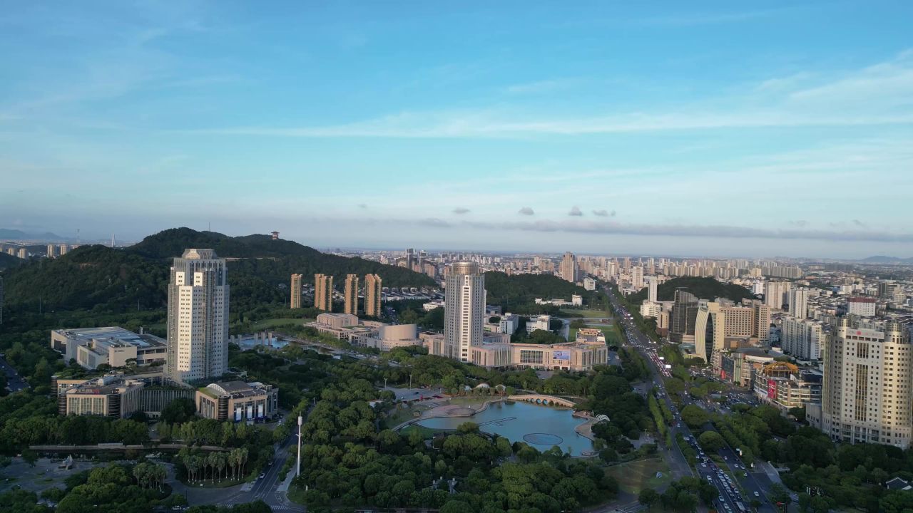 航拍台州市民广场水景公园