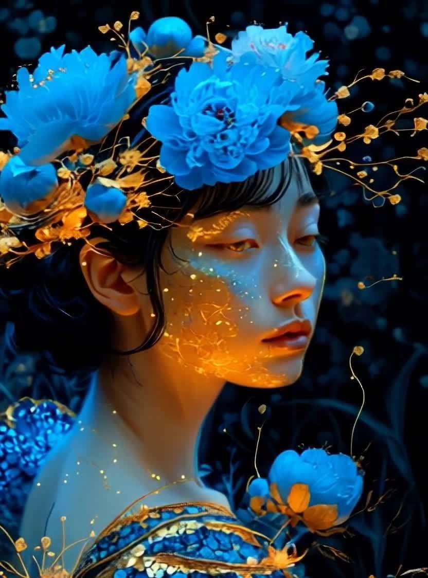 蓝金花饰女子侧影，梦幻光效与蓝色基调。