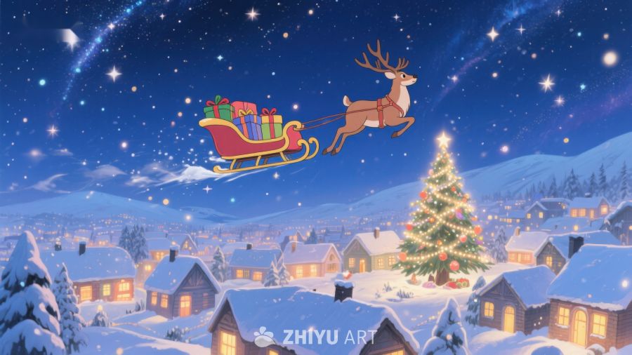 雪夜圣诞树与飞驰的驯鹿雪橇 396