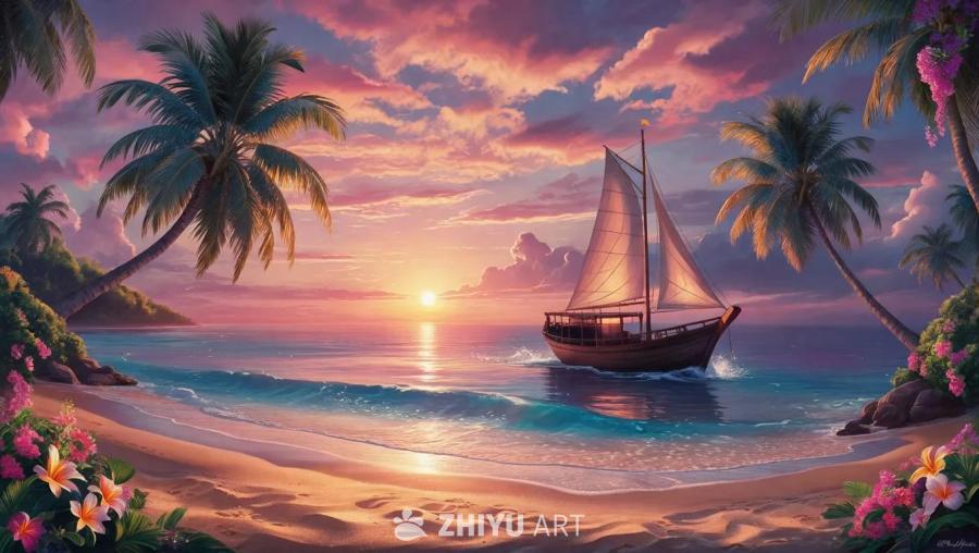 海滩上有金色的沙滩，棕榈树在微风中轻轻摇曳，还有各