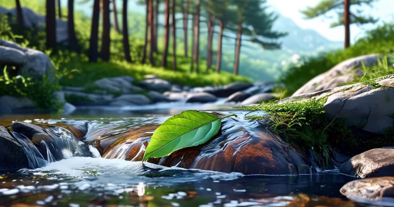 翠绿叶片漂浮溪流，林木山峦映衬自然美景。