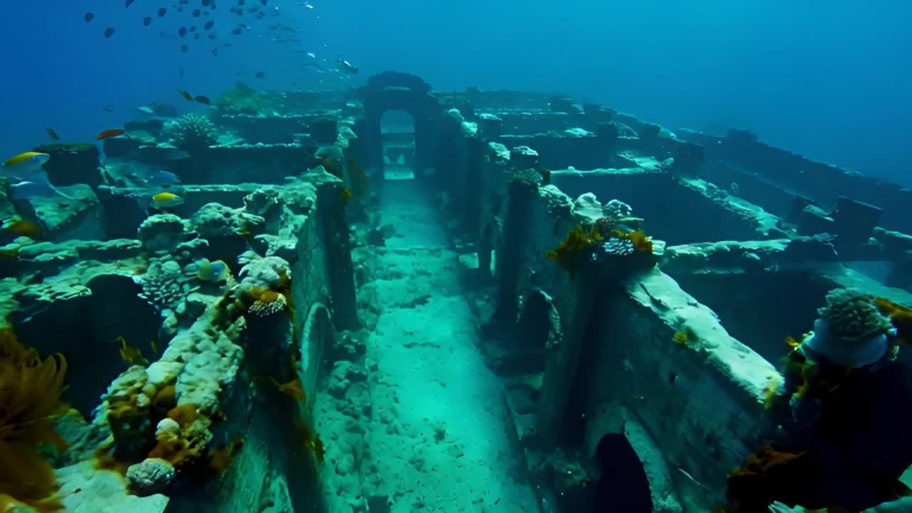 水下，古代城市的沉没遗迹被海水淹没。珊瑚和海藻附着