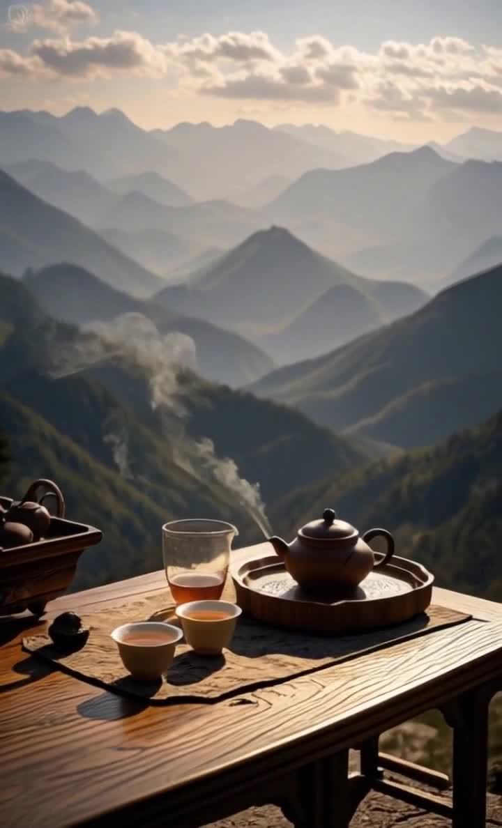 桌子上摆放着茶具，包括一个茶壶、一个茶杯、两个茶碗