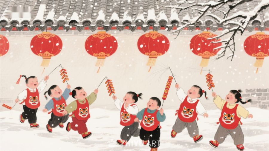 雪中孩童提灯笼迎新年 117