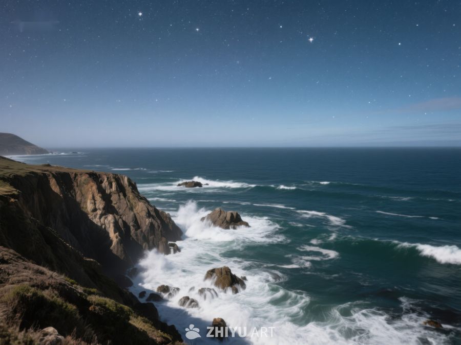 夜空下的海岸悬崖与海浪 324