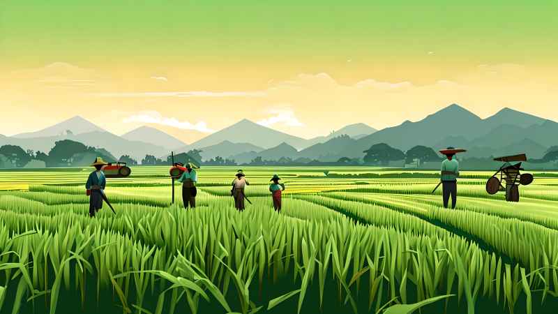 稻田和农作物中的农民绿色范例风格插画 2