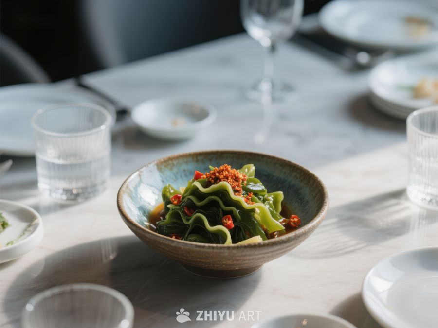 精致餐桌上的绿色卷叶菜肴 452