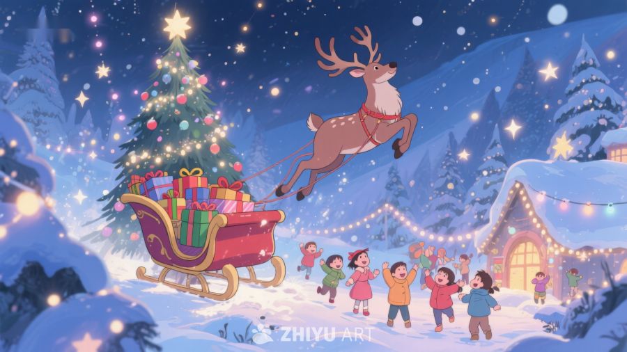 雪夜驯鹿拉着礼物雪橇飞过 443