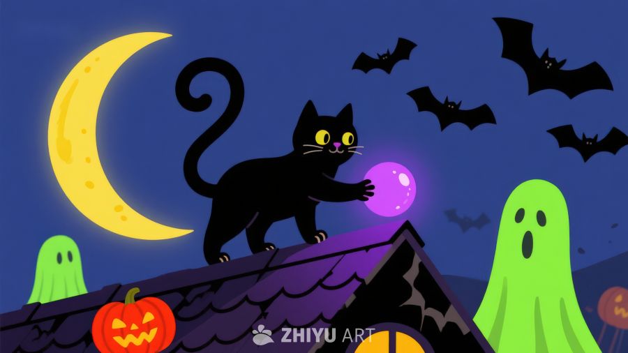 万圣夜屋顶上的黑猫与幽灵