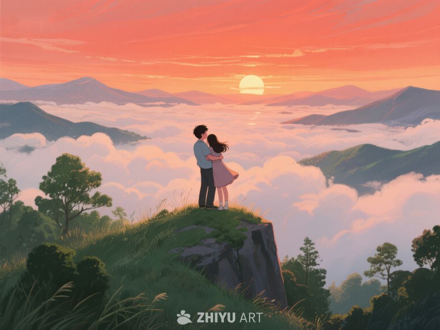山顶情侣拥抱，云海日落美景 626