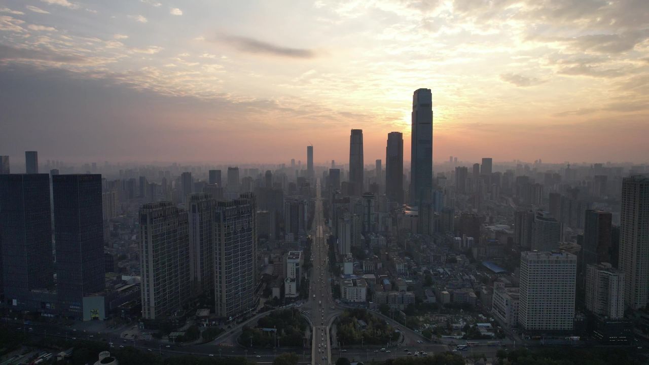湖南长沙清晨日出航拍