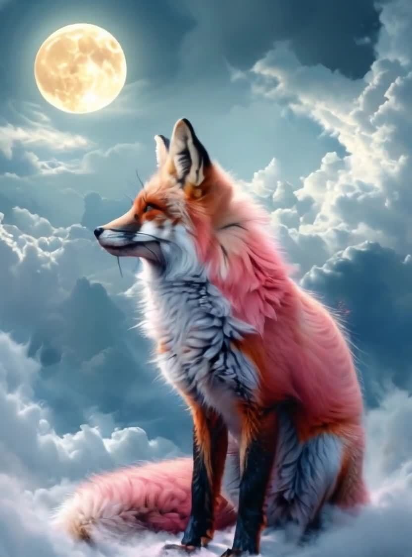 云层中毛发粉色的狐狸凝望满月
