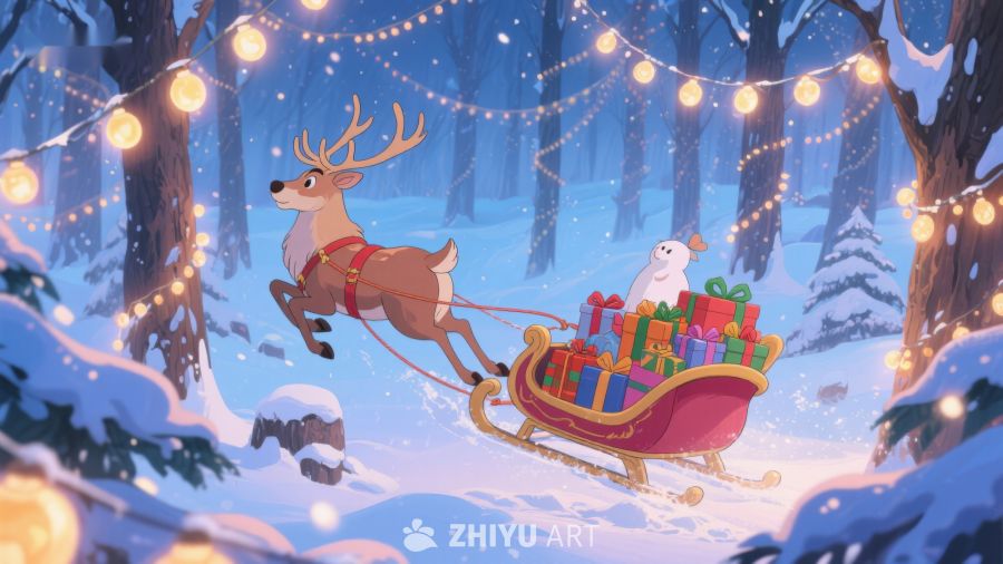 雪夜驯鹿拉着满载礼物的雪橇 477