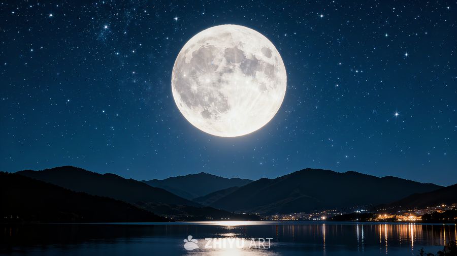 浪漫梦幻蓝色中秋月夜山景背景 6