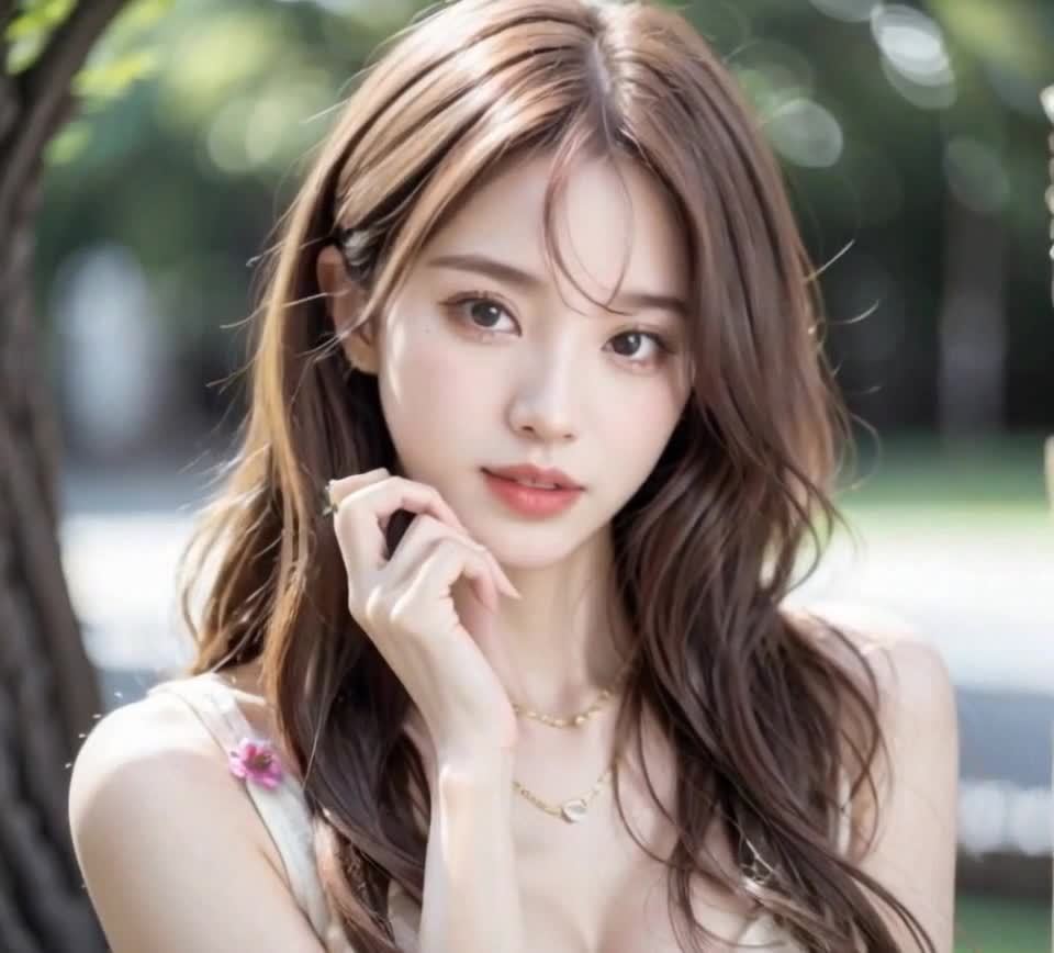 一个年轻女子站在户外，背景是模糊的绿色植物和树木。