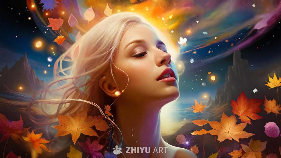 一位有着金色长发的年轻白人女性，身处梦幻般的风景中