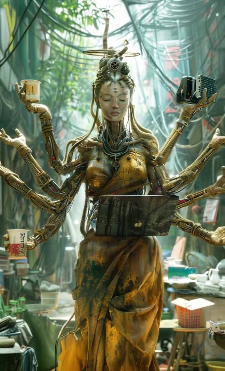 一位拥有多只手臂的女性雕像，头部装饰有环状物和长条