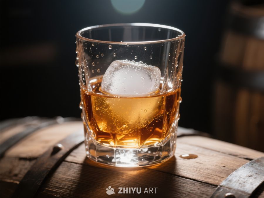 冰块与琥珀色酒液在玻璃杯中 21